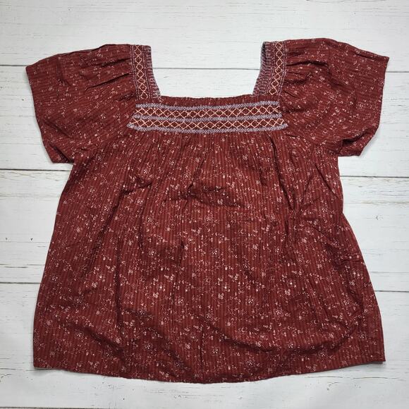 Madewell Square Neck Smocked Top Burgundy Red Embroidered Dotted Vines Small - Picture 3 of 8